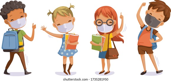 Back To School For New Normal Concept. Children Wearing Sanitary Masks. Gesture Of Students And Friends At The School. Cartoon Character. Vector Illustration Isolated On White Background.