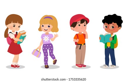 Back to school new normal concept. Kids in different style wearing backpack and carrying books. Flat style vector isolated on white background.