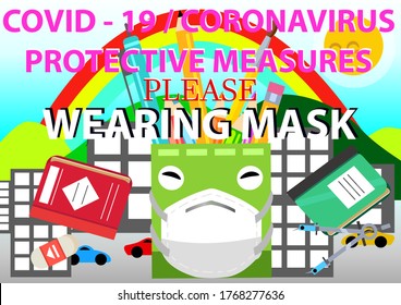 Back to school for new normal concept. Preventing disease, Covid-19. Keep Children wearing sanitary masks at the school. Stationary tray wearing mask symbol.