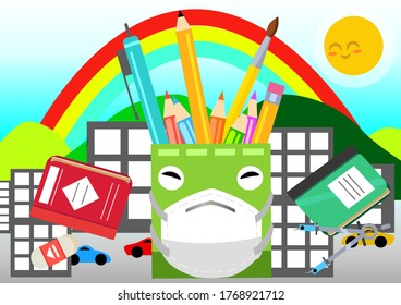 Back to school for new normal concept. Preventing disease, Covid-19. Keep Children wearing sanitary masks at the school. Stationary tray wearing mask symbol.