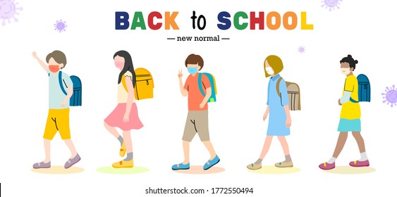 Back To School For New Normal Concept. Group Of Children Wearing Face Mask Go To School And Keep Social Distance. Colorful Style. Vector Illustration Flat Design