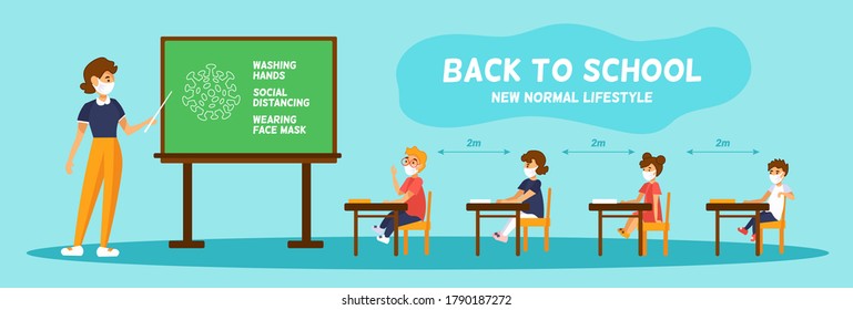 Back to school in New normal concept. Teacher, boys and girls wearing medical face masks in classroom. Woman teacher shows on the board new rules for coronavirus protections. Flat vector illustrations