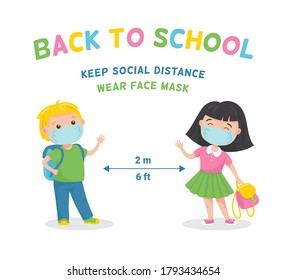 Back To School For New Normal Concept. Cute Kids Wear Medical Face Mask And Keep Social Distance