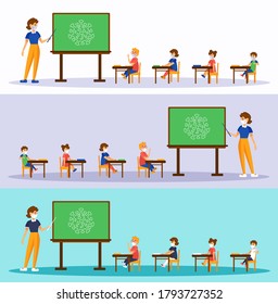 Back to school in New normal concept. Teacher and kids wearing medical face masks. Teacher shows on the board. Set of vector banners with copyspace on white, gray and blue background