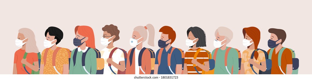 Back to school, new normal concept. Group of children wearing medical masks to prevent disease, flu, air pollution, contaminated air, world pollution. Vector illustration