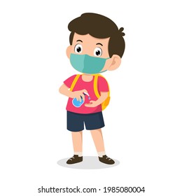 Back to school for new normal concept. Cute little kid student boy wearing face mask and use alcohol gel to clean hands protection against virus and bacteria. Healthy lifestyle vector illustration.