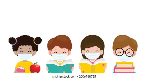 Back to school for new normal concept, little Boys and Girls wearing a protective medical mask protect coronavirus covid 19, group of children holding books isolated on background vector illustration