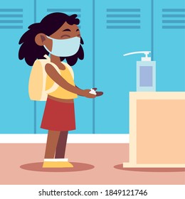 back to school for new normal, cute girl student with dispenser hands sanitizer vector illustration