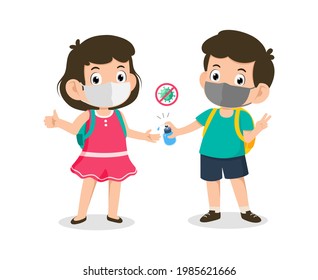 Back to school for new normal. Cute little kid student boy and girl wearing face mask and use alcohol gel to clean hands protection against virus and bacteria. Child character vector illustration.