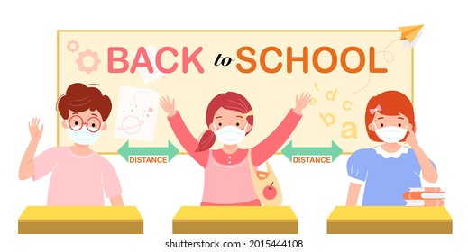 De vuelta a la escuela con un nuevo estilo de vida normal. Aula con niños manteniendo una distancia segura. Niños con mascarilla protectora cubierta. El distanciamiento social en la escuela. Feliz estudiante en clase. Vector plano