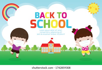 Back To School For New Normal Lifestyle Concept. Happy Kids Jumping Wearing Face Mask Protect Corona Virus Or Covid 19, Template Children Go To School Isolated On Poster Background Vector Illustration