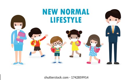 Back to school for new normal lifestyle concept. happy students kids and teachers wearing face mask protect corona virus or covid 19 at the school isolated on white background Vector illustration