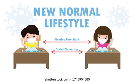 Back to school for new normal lifestyle social distancing in class room Concept, Prevention tips infographic of coronavirus 2019 nCoV.little boy and girl wearing mask Sitting on the desk in classroom