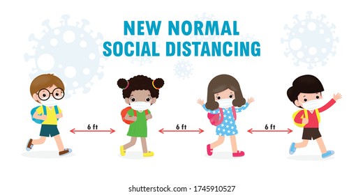 Back to school for new normal lifestyle concept. happy kids wearing face mask and social distancing protect coronavirus covid 19, group of children and friends go to school isolated on background