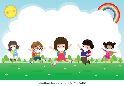 Back to school for new normal lifestyle concept. happy kids wearing face mask and social distancing protect coronavirus covid 19, group of happy Kids jumping on meadow at school isolated on background