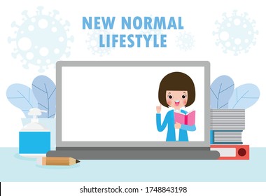 Back to school for new normal lifestyle, Laptop presenting online education during Coronavirus 2019-nCoV or covid-19. stay home and study. e-learning or e-book concept. isolated on background vector