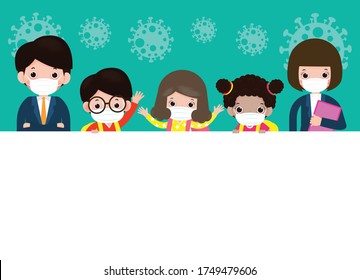 Back to school for new normal lifestyle concept happy cute students kids and teachers wearing face mask protect coronavirus or covid 19 holding big signboard isolated on background vector illustration