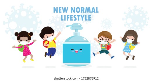 Back To School For New Normal Lifestyle Concept. Happy Students Cute Kids Wearing Face Mask And Alcohol Gel Or Hand Wash Gel And Social Distancing Protect Coronavirus Or Covid-19 Healthy Background