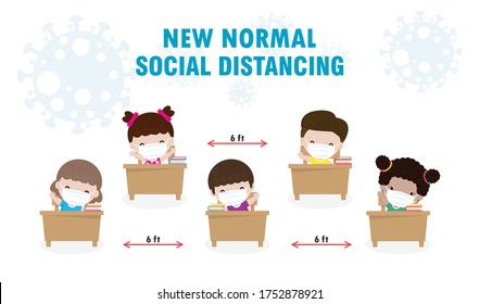 Back to school for new normal lifestyle social distancing in class room Concept, Prevention tips infographic of coronavirus 2019 nCoV.little boy and girl wearing mask Sitting on the desk in classroom