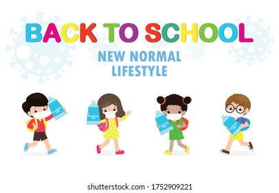 Back to school for new normal lifestyle concept. happy students Cute kids wearing face mask and alcohol gel or Hand wash gel and social distancing protect coronavirus or covid-19 Healthy background