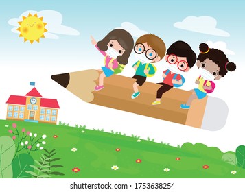 Back to school for new normal lifestyle concept. happy group kids wearing face mask and social distancing protect coronavirus covid-19, poster of children riding on big pencil flying at school vector