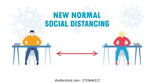 Back to school for new normal lifestyle social distancing in class room Concept, Prevention tips infographic of coronavirus 2019 nCoV. young boy and girl wearing mask Sitting on the desk in classroom