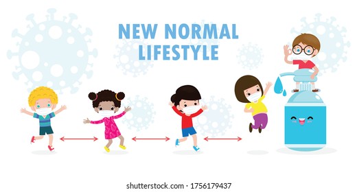 Back To School For New Normal Lifestyle Concept. Happy Students Cute Kids Wearing Face Mask And Alcohol Gel Or Hand Wash Gel And Social Distancing Protect Coronavirus Or Covid-19 Healthy Background