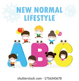 Back to school for new normal lifestyle concept, ABC letters mascot and group kids wearing a surgical protective Medical mask for prevent coronavirus or Covid-19, Health care isolated on background