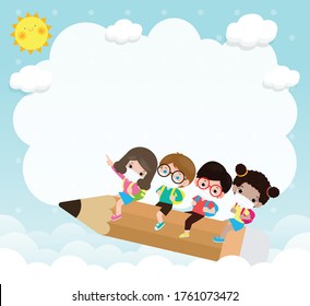 Back To School For New Normal Lifestyle Concept. Happy Group Kids Wearing Face Mask And Social Distancing Protect Coronavirus Covid-19, Poster Of Children Riding On Big Pencil Flying At School Vector