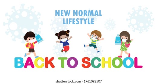 Back to school for new normal lifestyle concept. happy group of kids wearing face mask and social distancing protect coronavirus covid 19, children and friends go to school isolated on background