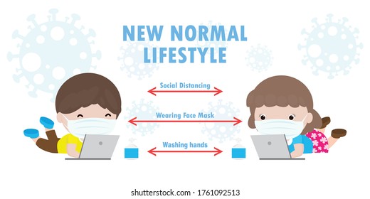 Back to school for new normal lifestyle social distancing in class room Concept, Prevention tips infographic  coronavirus 2019 nCoV. little kids and laptop and tablet pc and wearing mask in classroom