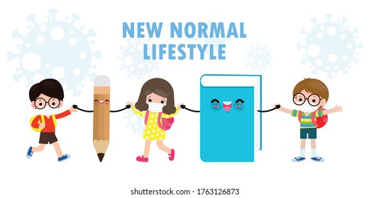 Back to school for new normal lifestyle concept. book and pencil mascot and happy cute kids wearing face mask protect Coronavirus 2019-nCoV or covid-19, group of children and friends going to school