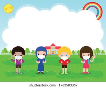 Back to school for new normal lifestyle concept. happy group diverse Kids and Different nationalities wearing face mask protect coronavirus covid-19, poster background Vector illustration