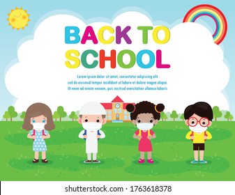 De vuelta a la escuela para un nuevo concepto de estilo de vida normal. grupo feliz de niños diversos y diferentes nacionalidades con máscara de cara protegen el coronavirus covid-19, afiche de fondo ilustración Vector.