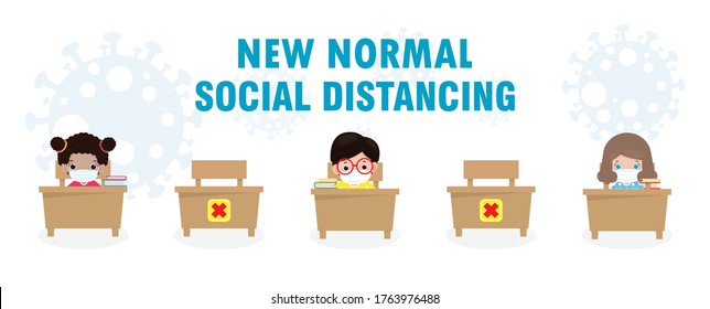 Back to school for new normal lifestyle banner social distancing in class room Concept, Prevention tips infographic of coronavirus 2019 nCoV.little boy and girl wearing mask Sitting on the desk vector