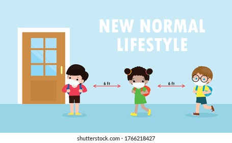 Back to school for new normal lifestyle banner concept. happy kids wearing face mask and social distancing protect coronavirus covid 19, group of children keep distance when waiting get in class room
