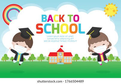 Back to school for new normal lifestyle concept, Graduation kids wearing face mask for prevent coronavirus 2019 nCoV or covid-19, happy child graduates jumping, Graduates in gowns with diploma vector