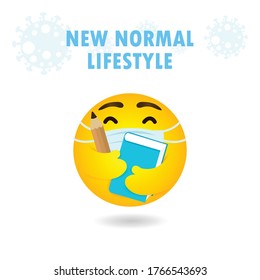 Back to school for new normal lifestyle concept. emoji emoticon wearing face mask hugging pencil and treatise, protect coronavirus 2019 nCoV or covid-19, Yellow cartoon emotion vector illustration
