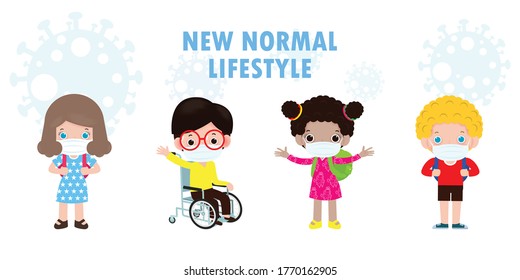 Back to school for new normal lifestyle concept, happy disabled boy in wheelchair and he friends wearing face mask protect coronavirus covid-19 poster isolated on white background Vector illustration