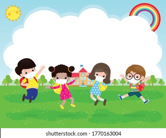 Back to school for new normal lifestyle concept. happy group kids wearing face mask and social distancing protect coronavirus covid-19 jumping on meadow at school in summer day isolated on background