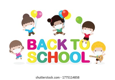 Back to school for new normal lifestyle concept. happy group of kids wearing face mask and social distancing protect coronavirus covid 19, children and friends go to school isolated on background