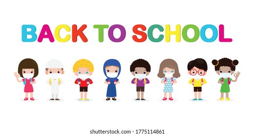 Back To School For New Normal Lifestyle Concept. Happy Group Of Kids Wearing Face Mask And Social Distancing Protect Coronavirus Covid 19, Children And Friends Go To School Isolated On Background