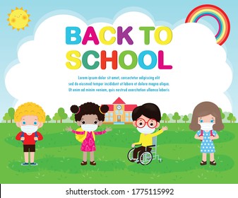 Back to school for new normal lifestyle concept, happy disabled boy in wheelchair and he friends wearing face mask protect coronavirus covid-19 poster isolated on background Vector illustration