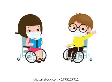 Back to school for new normal lifestyle concept, happy disabled little boy and girl in wheelchair wearing face mask protect coronavirus covid-19 poster isolated on white background Vector illustration