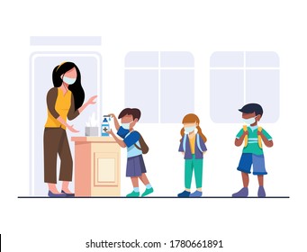 Back to school for new normal lifestyle concept. kids wearing face mask, use hand sanitizer and social distancing protect covid 19, group of children and friends go to school isolated on background. 