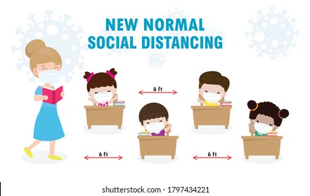 Back to school for new normal lifestyle concept. happy students kids and teacher wearing face mask protect corona virus or covid 19 social distancing Sitting on the desk in classroom isolated vector