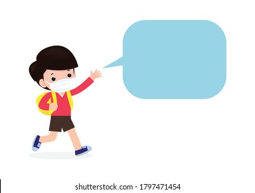 Back to school for new normal lifestyle concept, little boy with talking speech bubbles and wearing a surgical protective Medical mask for prevent coronavirus or covid 19 isolated on white background