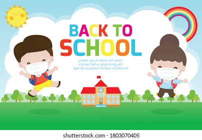 Back to school for new normal lifestyle concept. happy group of kids wearing face mask and social distancing protect coronavirus covid 19, children and friends go to school isolated on background