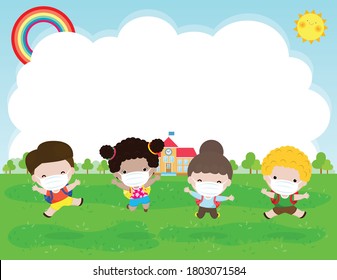 Back to school for new normal lifestyle concept. happy group kids wearing face mask and social distancing protect coronavirus covid-19 jumping on meadow at school in summer day isolated on background