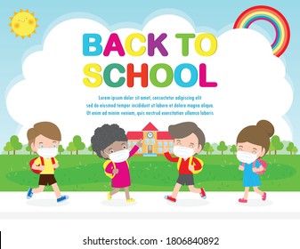 De vuelta a la escuela para un nuevo concepto de estilo de vida normal. feliz grupo de niños con mascarilla y distanciamiento social protegen al coronavirus 19, niños y amigos van al colegio aislados en segundo plano